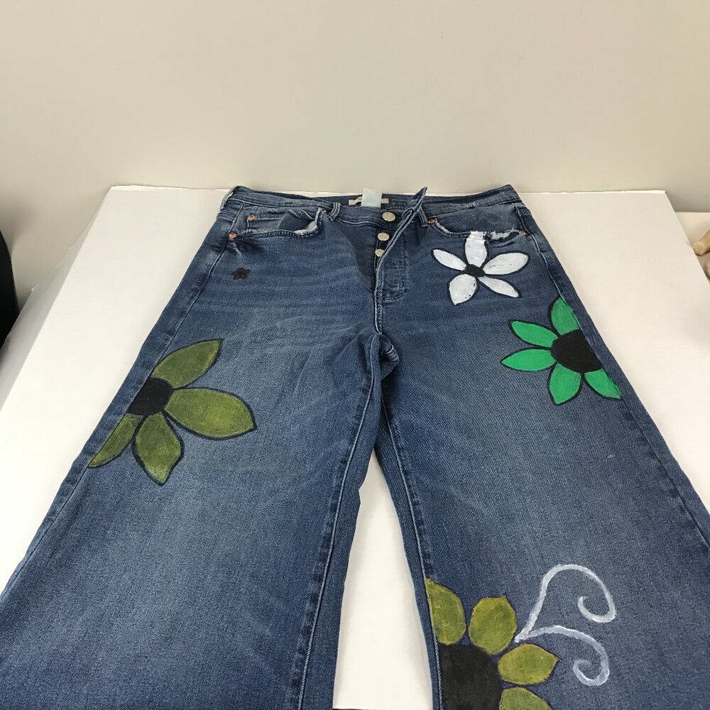 Women's hand painted bohemian chic wide leg button fly Forever 21 Jeans Size 28
